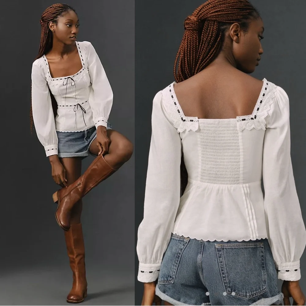 Reformation White Peasant Blouse with Black Trim